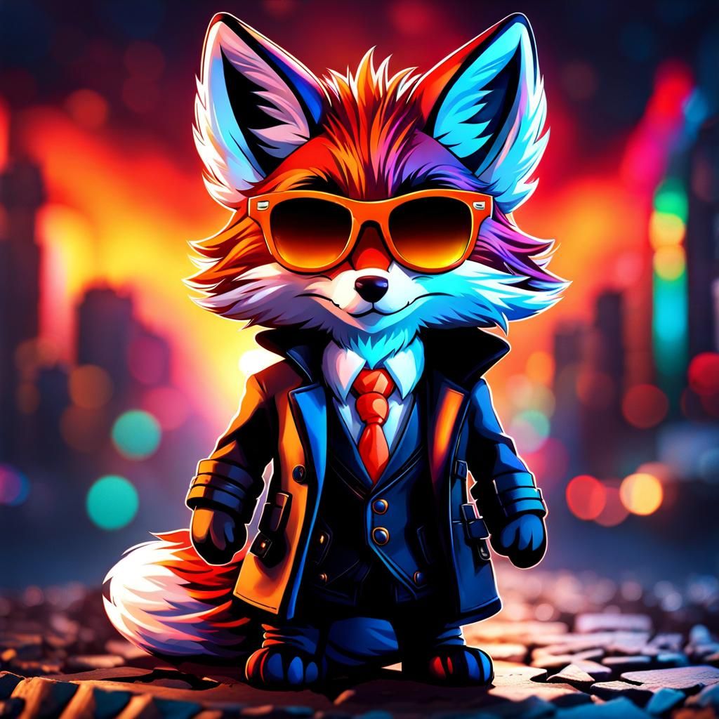 chibi furry fox wearing black trench coat and sunglasses: vibrant ...