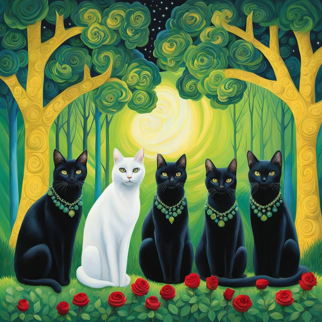 Black Cats With Green Eyes Sitting In A Row At The Foreground. Has 