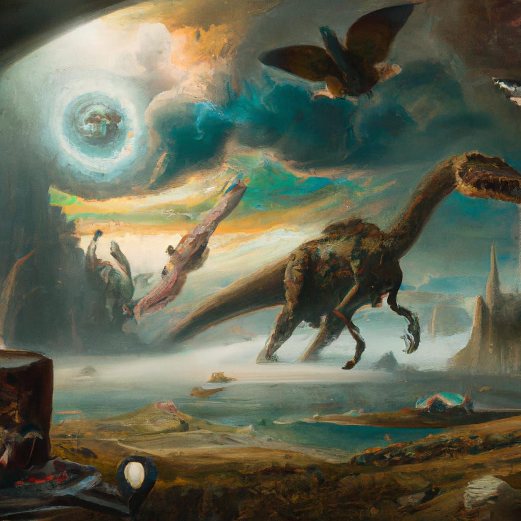 a time machine surrounded by dinosaurs