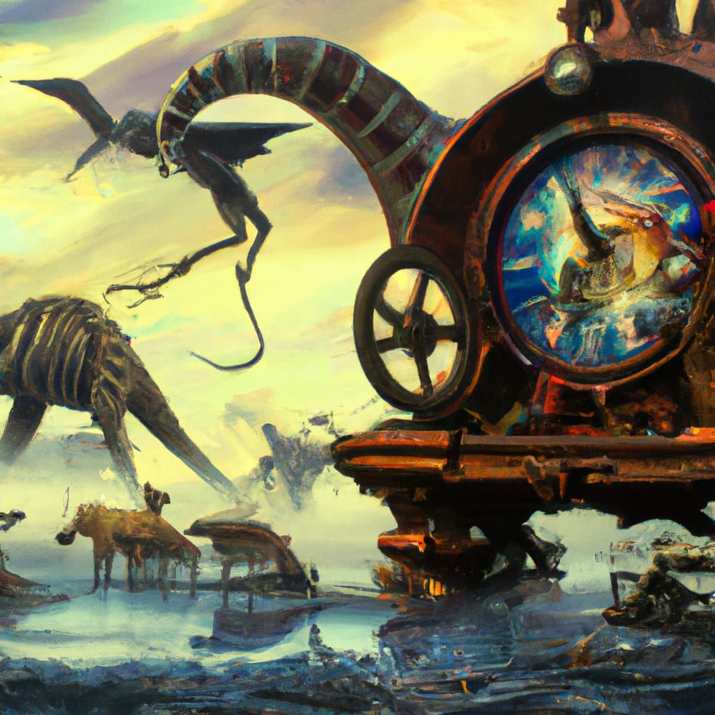 a time machine surrounded by dinosaurs