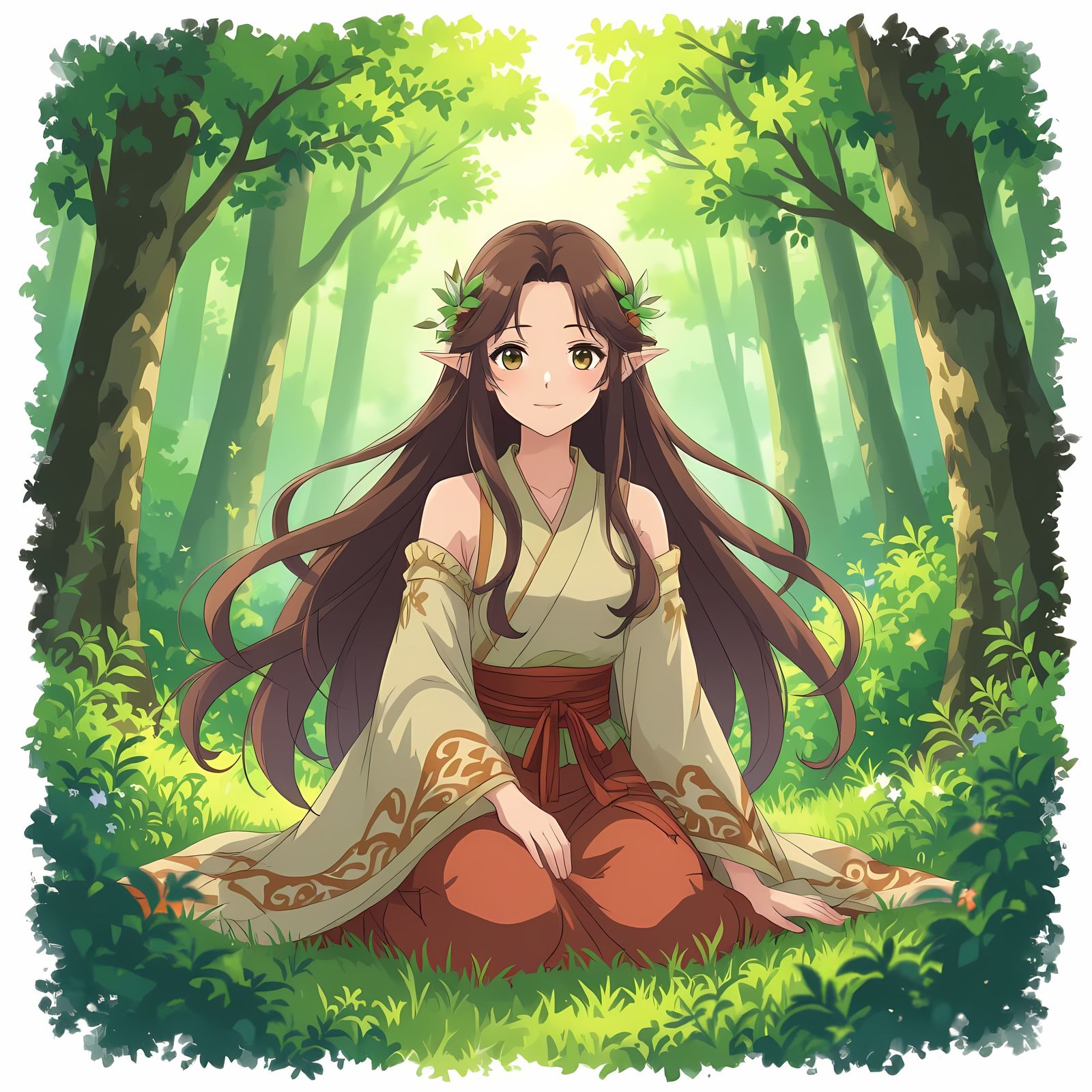 A serene anime-style portrait of a forest spirit, with long