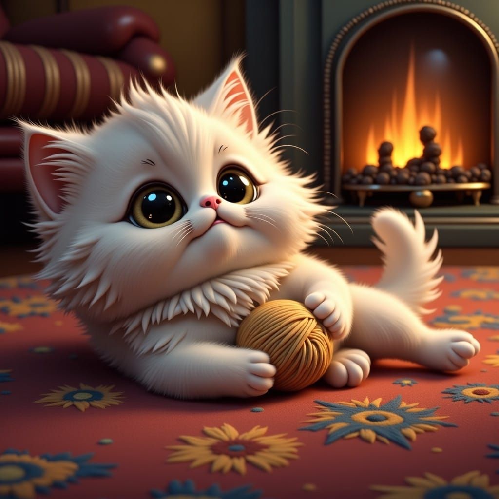 <lora:Flux Cute Big Eyes:1.0> Big round eyes fluffy kitten laying on its back on a living room rug holding a ball of string held in its paws...