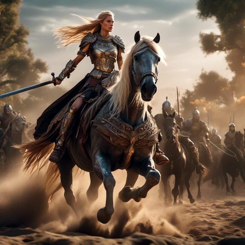 Female Warrior on Armored Horse in Golden Light