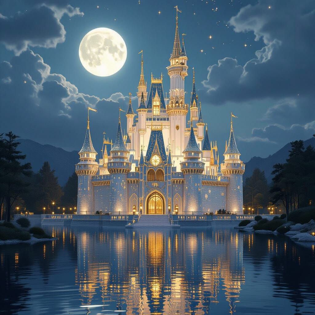 Majestic Glass Castle Shimmers Under Moonlight