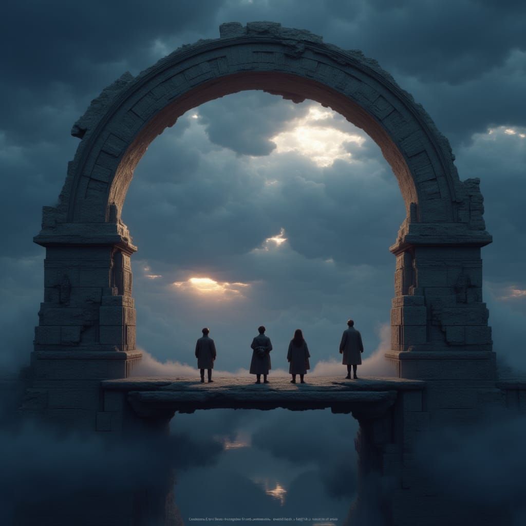 <lora:Reliquiarum:1.3> Realistic photo of a fantasy arch bridge with stone pillars above the clouds, four people standing on it in the dist...