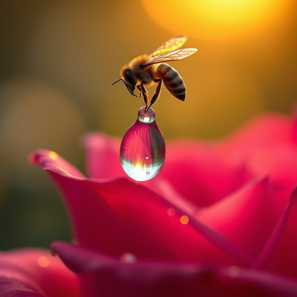 Hyper-realistic macro scene by a master of light and detail. A small, life-sized raindrop — precisely captured mid-air just before touching ...