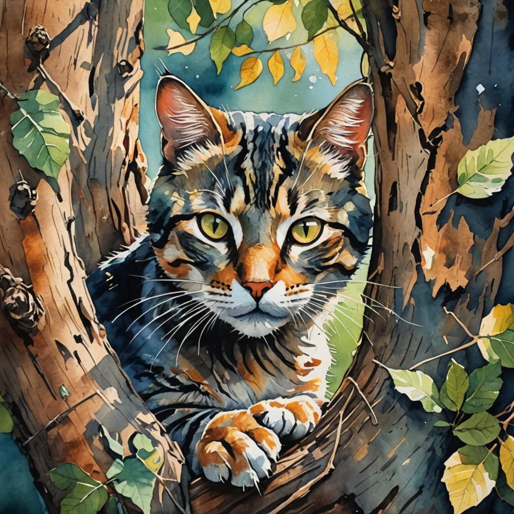 Cat made of string clinging to a tree