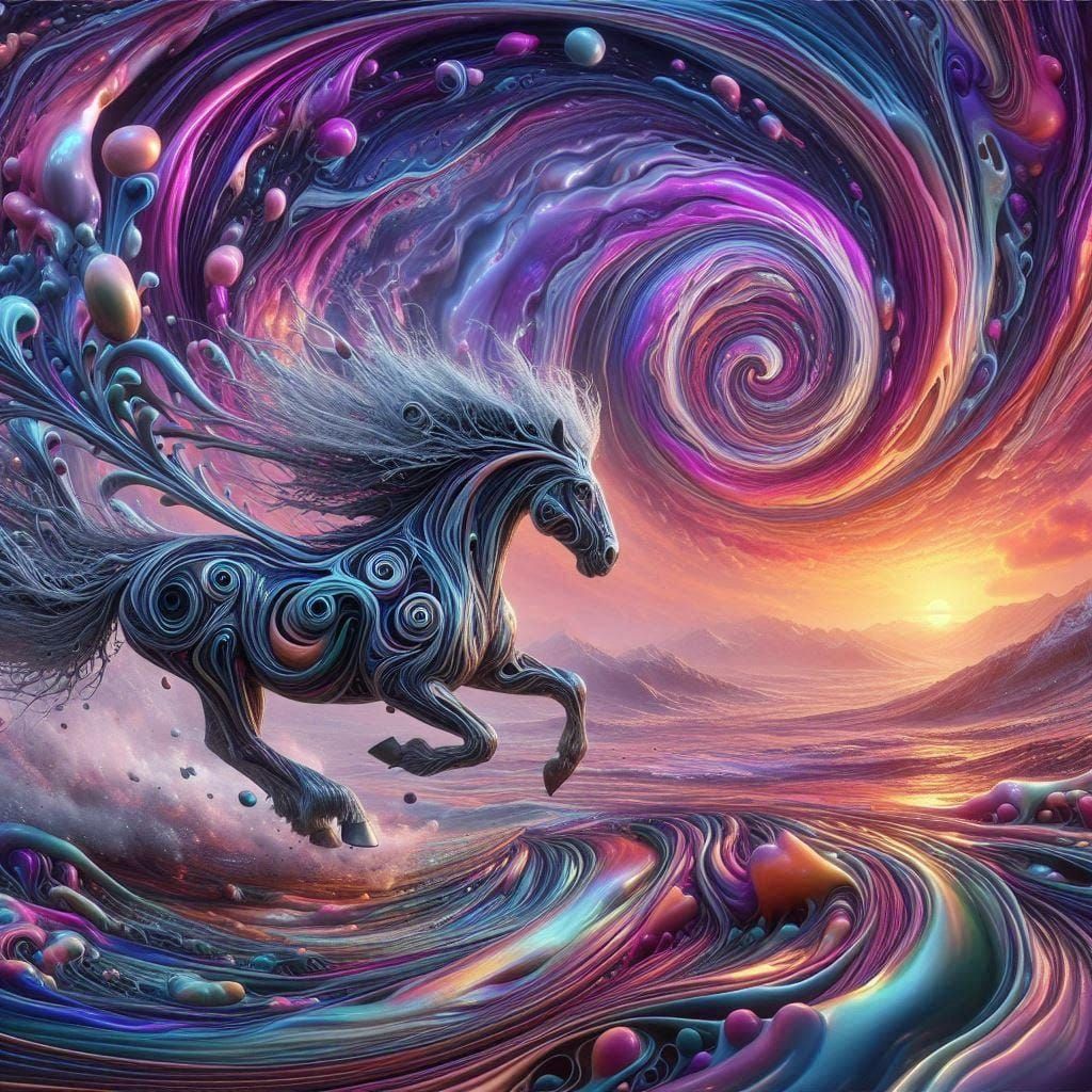 A floating horse and swirls