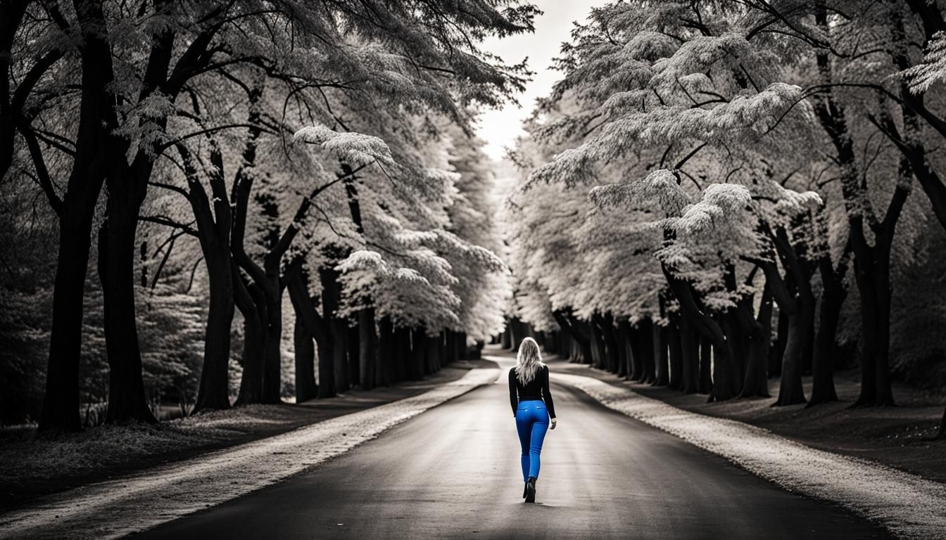 splash of color::black and white photo::beautiful woman walk...