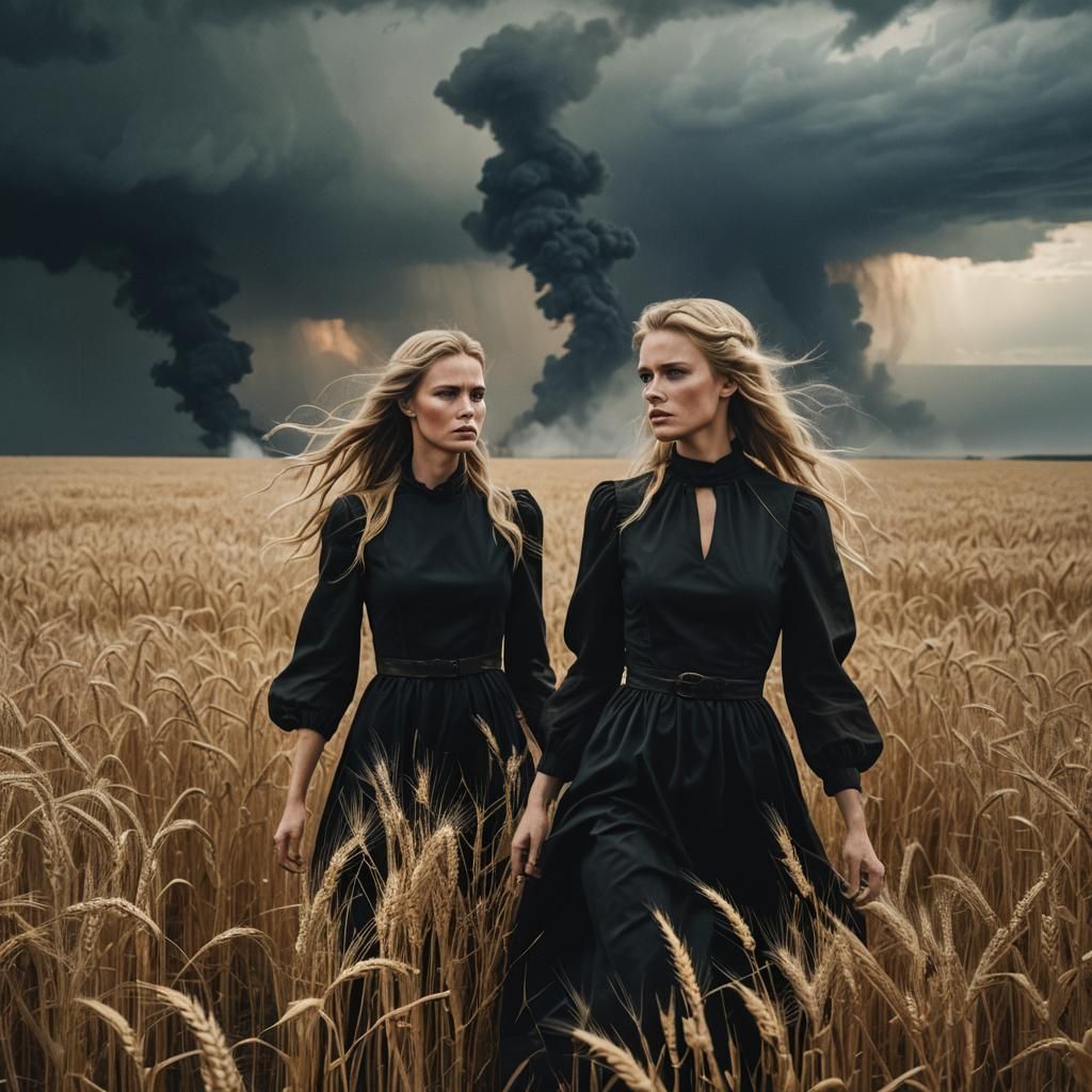 Dramatic Wheat Field Scene with Women in Black