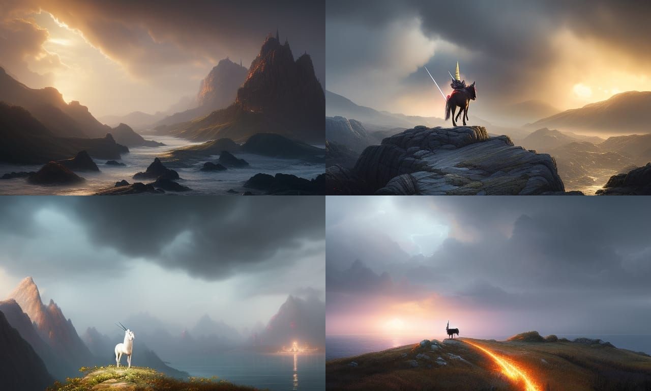 a  unicorn, standing on a peak overlooking a moody sea a mas...