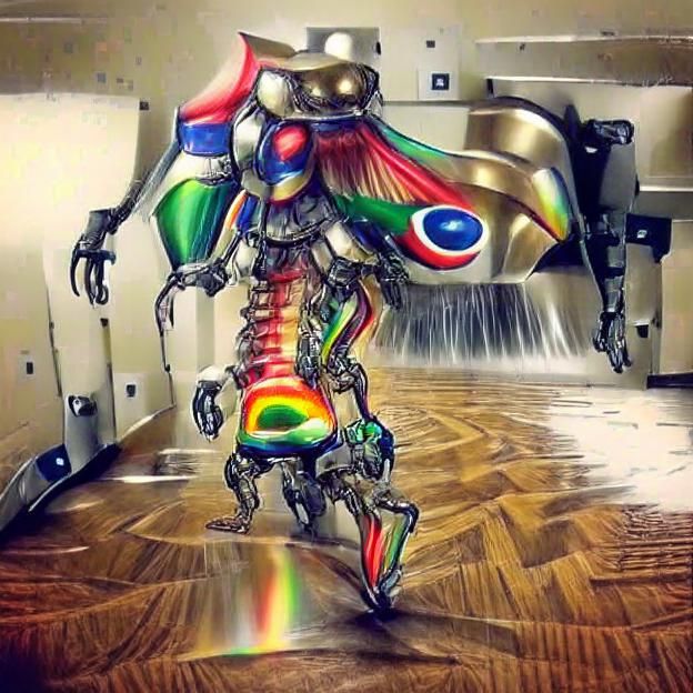 Surreal Biomechanical Robot walking on a rainbow