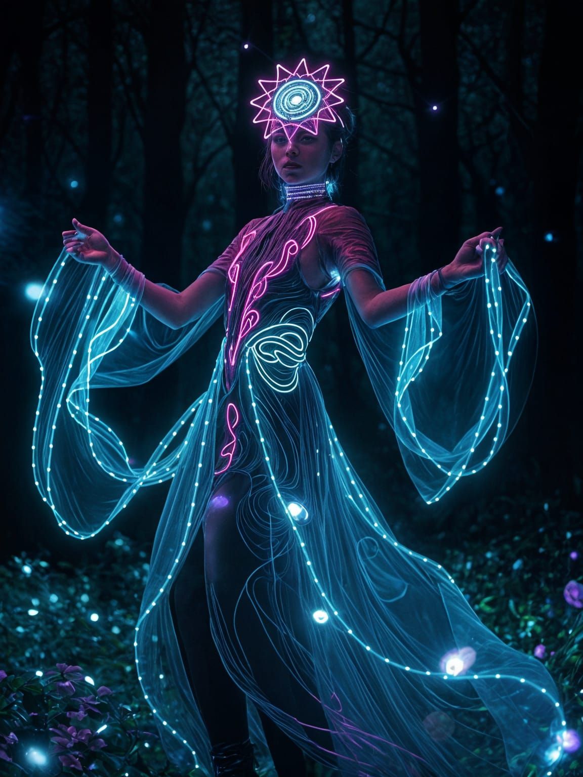 Glowing light trails, medium shot. A revealing woman figure dancing in a dark forest. Low angle shot. ...  by @undefined