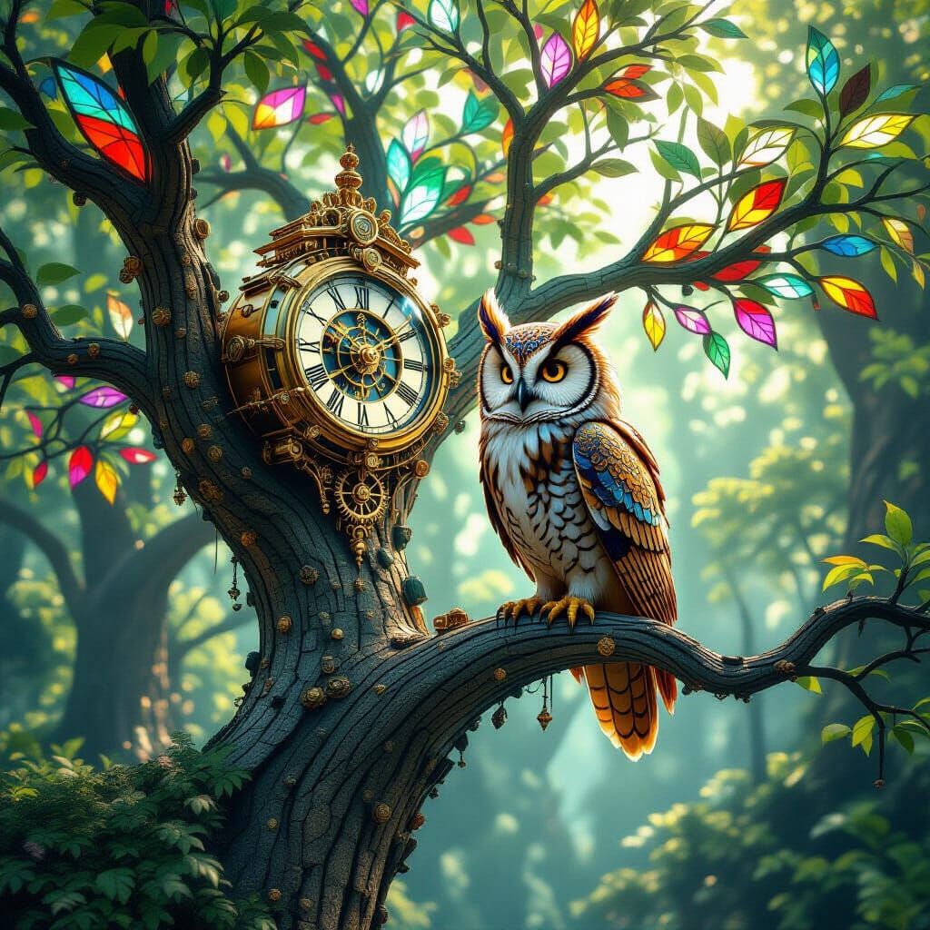 Majestic Clockwork Owl on Crystalline Tree