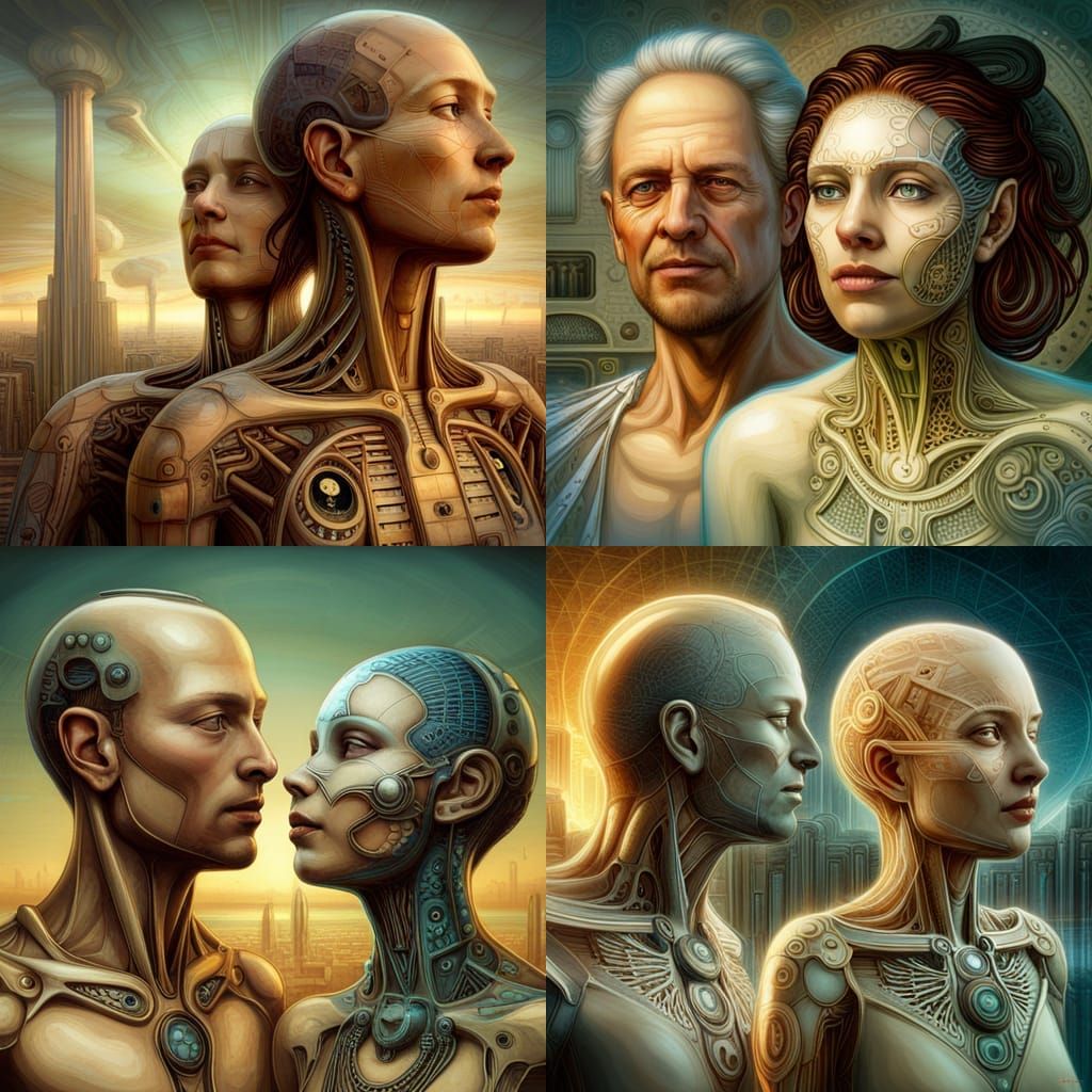 The New cybernetic humans look lovingly toward the bright fu...