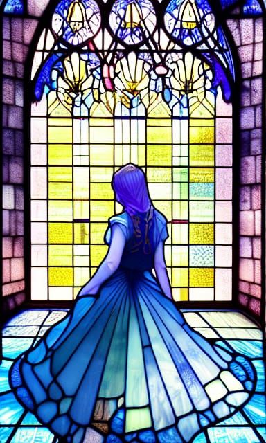 the shot of a girl near a stained glass window of a broken a...