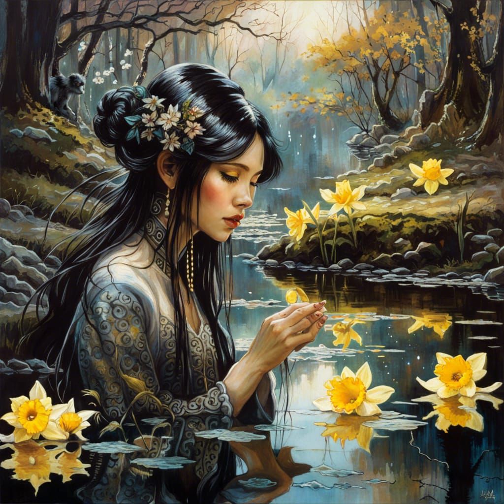 Ornate Japanese Princess Reflecting in Daffodil Pond