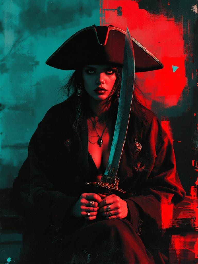 Sword cuts through the split / Cyan meets red at the blade / Pirate holds the line