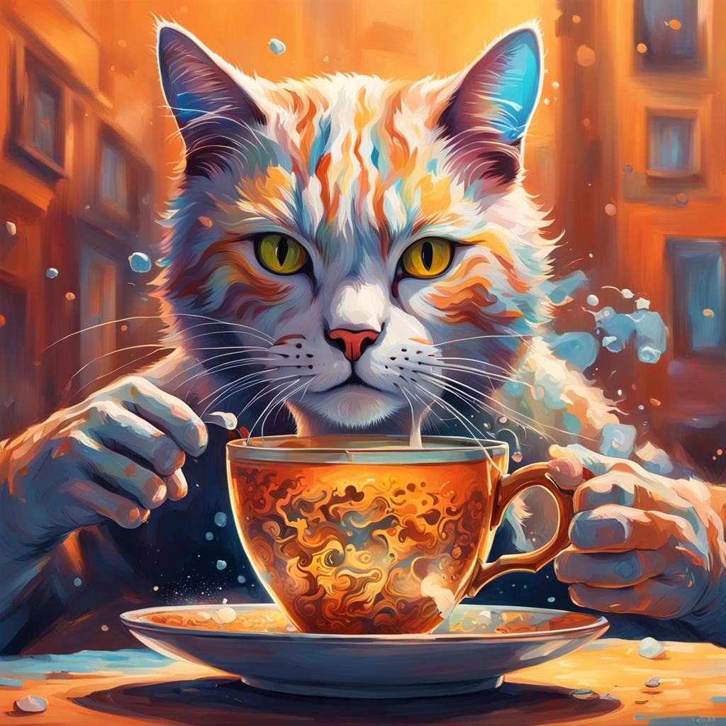 a human-shaped cat drinks tea