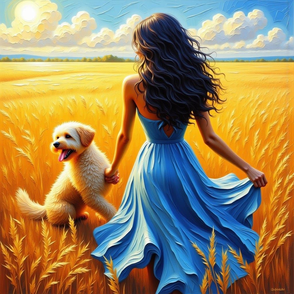 <lora:Impasto Painting Fx:1.0> Stunning woman, Black hair in a flowing sundress, walking hand in hand with a playful dog in a sun-drenched f...