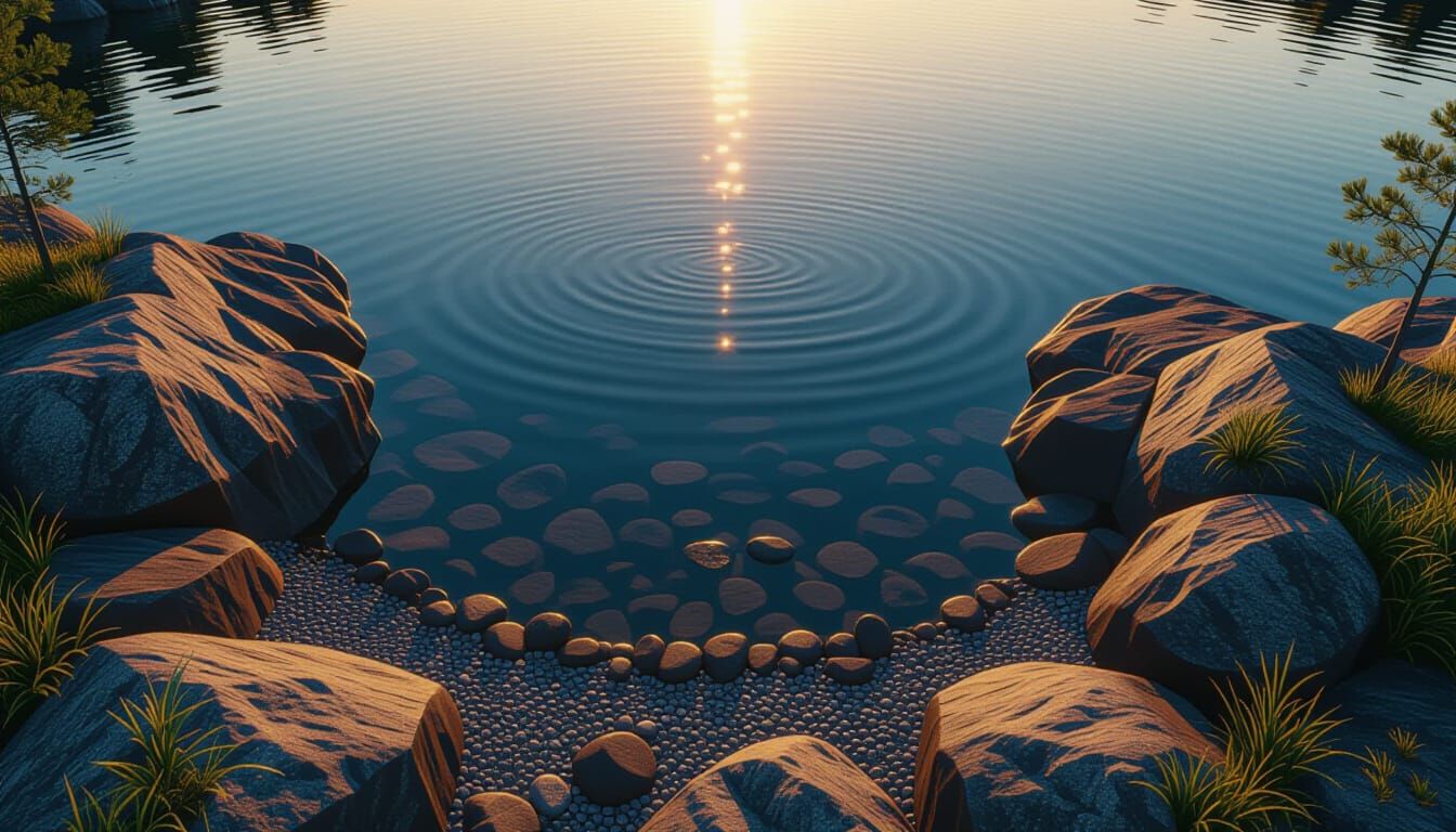 Bird view of a rocky shore of a calm lake