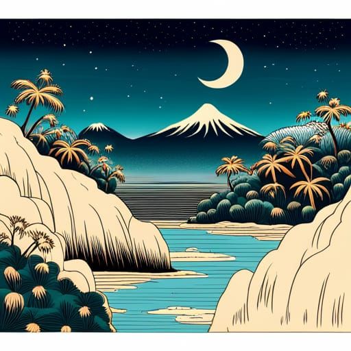 Ukiyo-e style lush jungle in the night with stars 