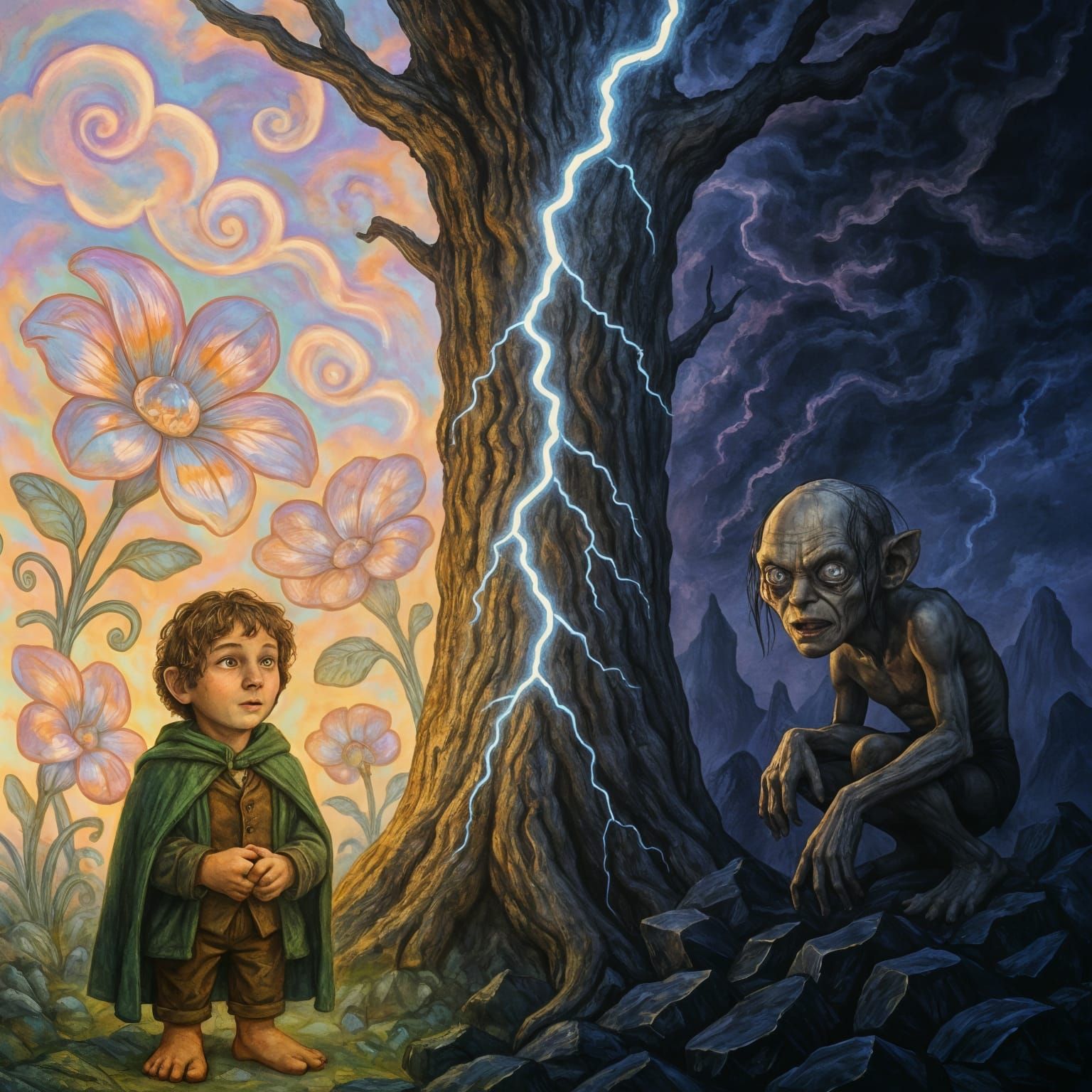 A massive tree stands in the middle, split in two by a crackling lightning bolt. On the left side, a friendly FRODO dwells in a whimsical wo...