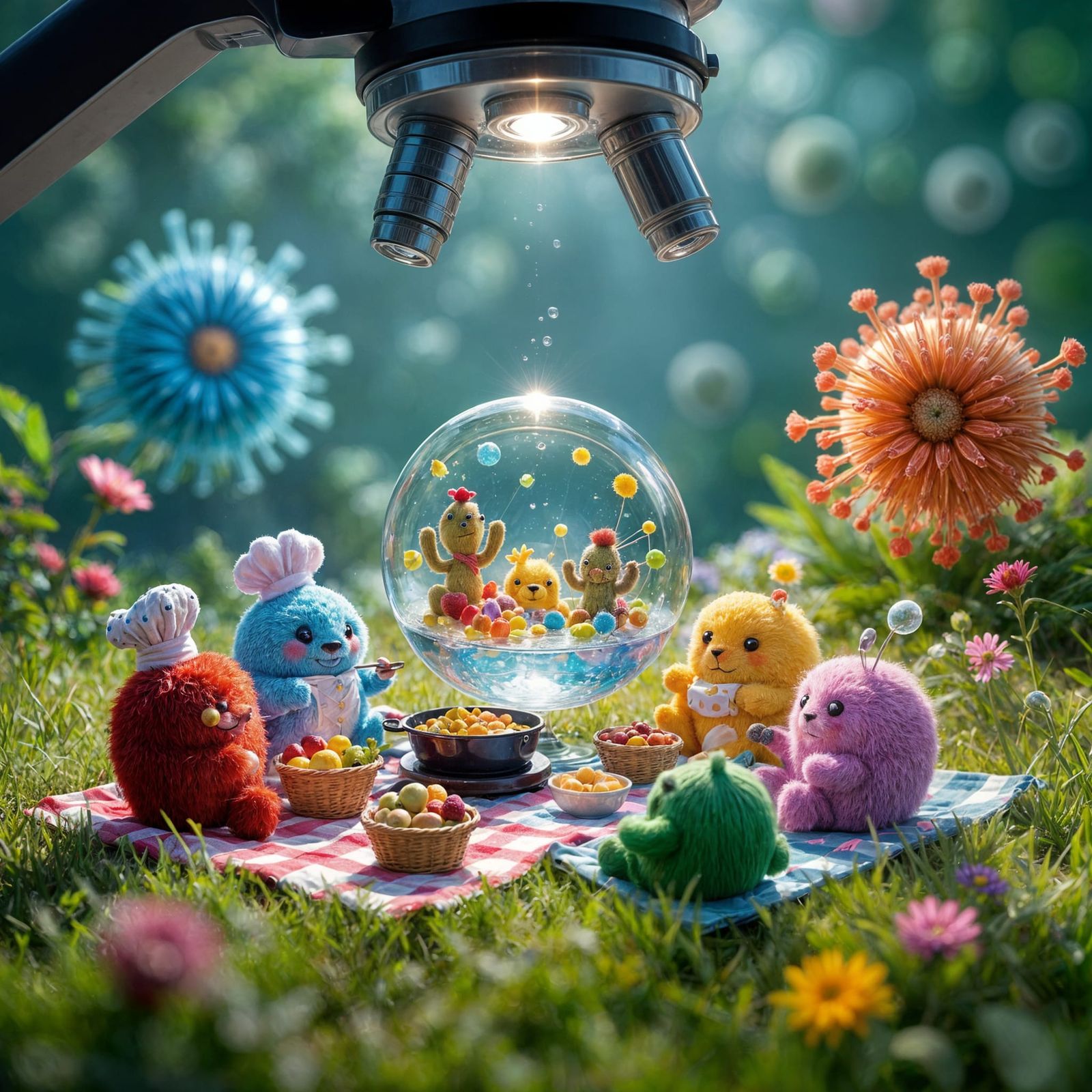 A whimsical microscopic scene viewed through a microscope lens, featuring colorful, fuzzy, anthropomorphic ...  by @Fred Kaz
