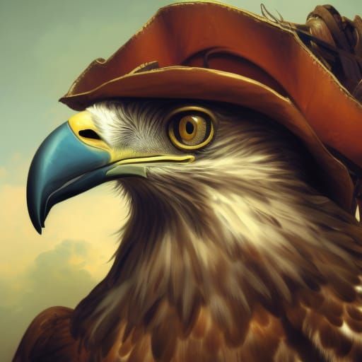 A historic oil portrait of a large red-tailed hawk wearing a...