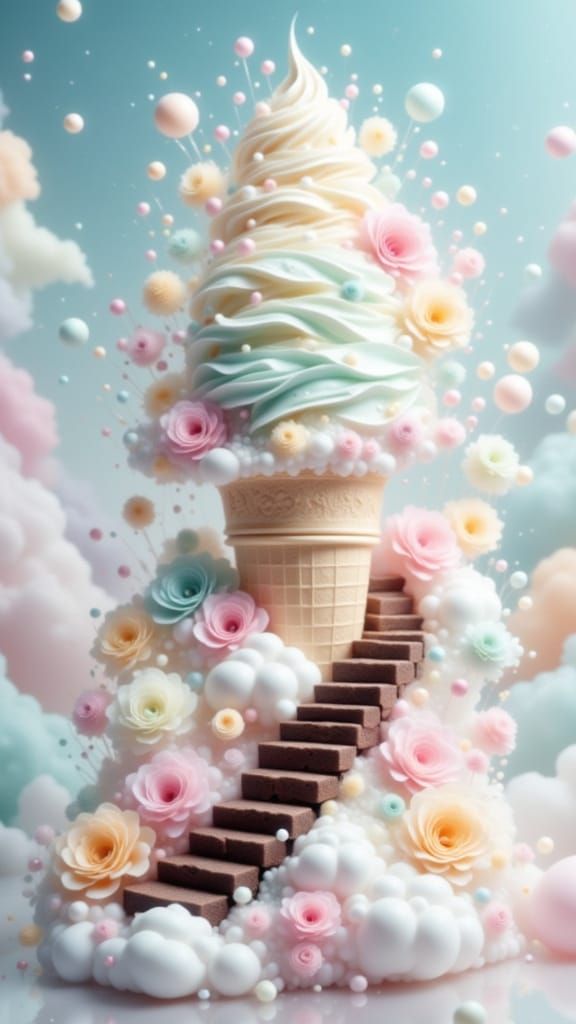 Surreal, spiral made of ice cream leading to an ice cream cone in the clouds.  by @Jlo