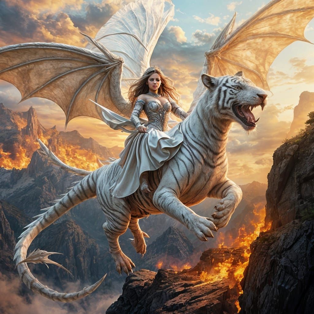 a stunning depiction of a white tiger dragon soaring above fiery mountains, its wings outstretched and ...  by @Tiger princess 