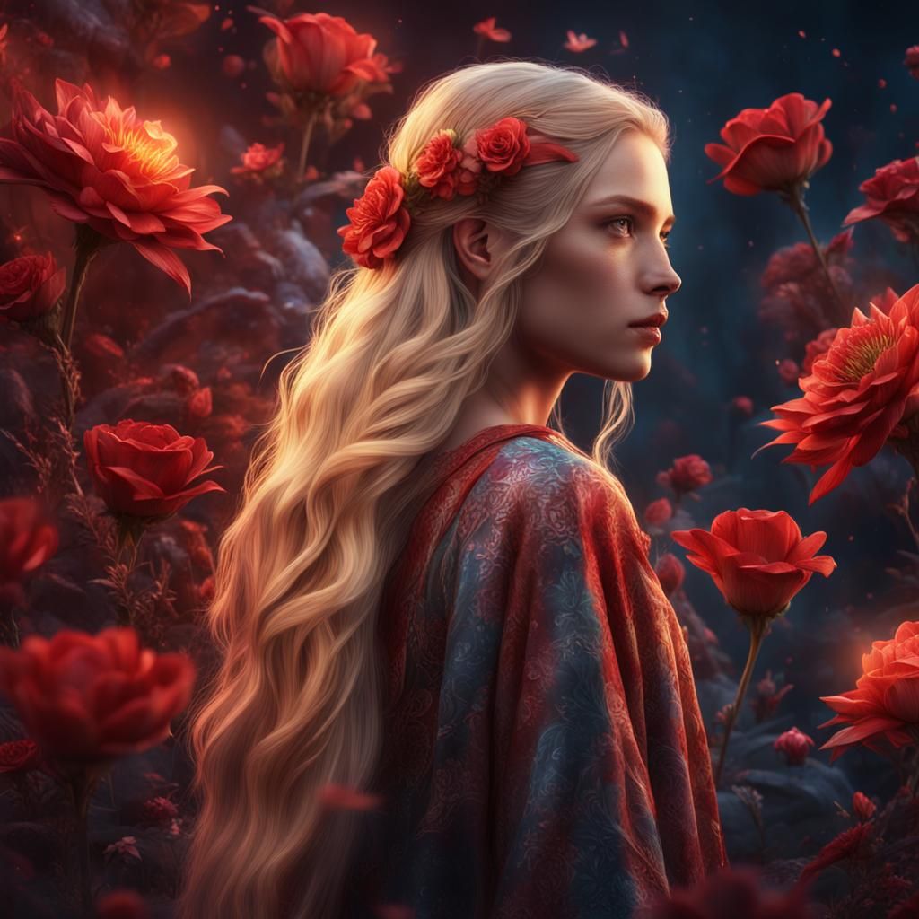 Young beautiful blonde woman, long hair, with flowers drawn ...
