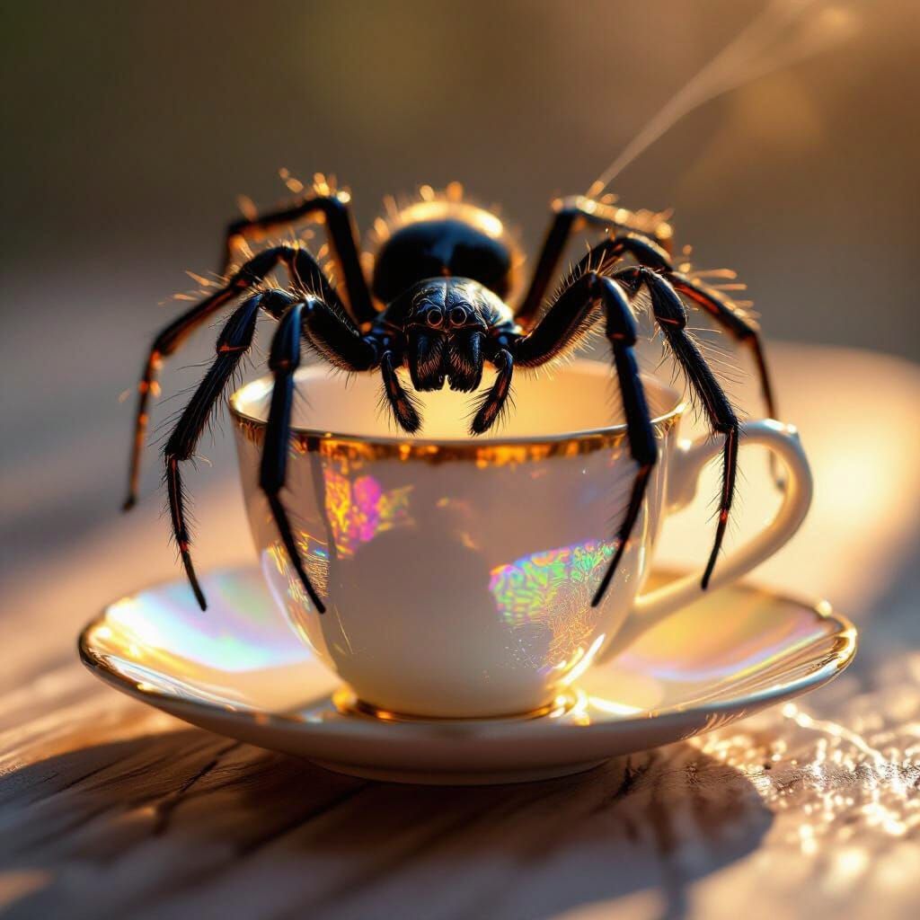 Photo Realistic A cup and saucer being created by a black widow spider spinning its silk