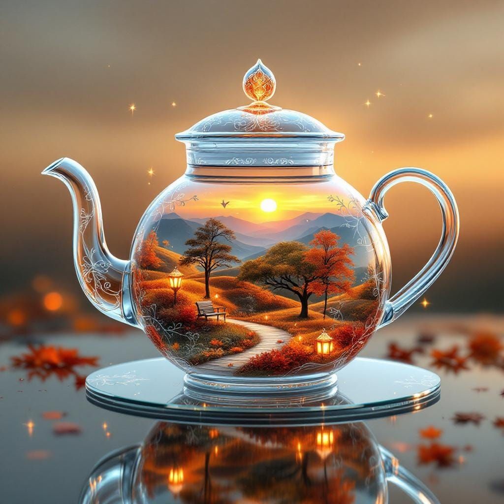 Autumn Landscape Inside Elegant Glass Teapot