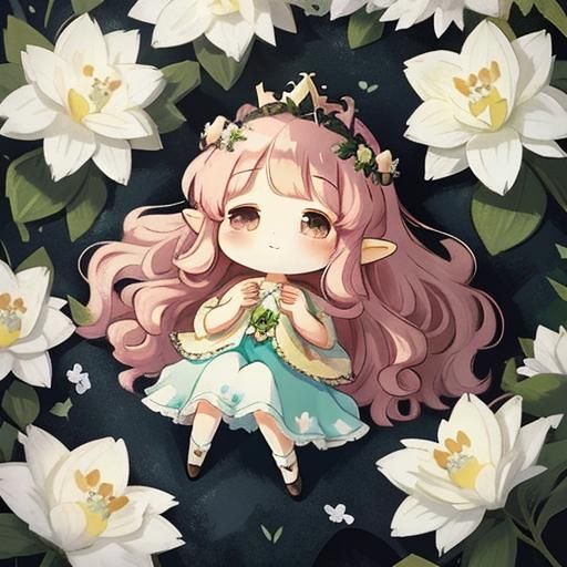 Delightful fairy princess, wearing a little crown, soft tones fairy clothes outfit, beautiful fantasy background, long curly hair oil paint...