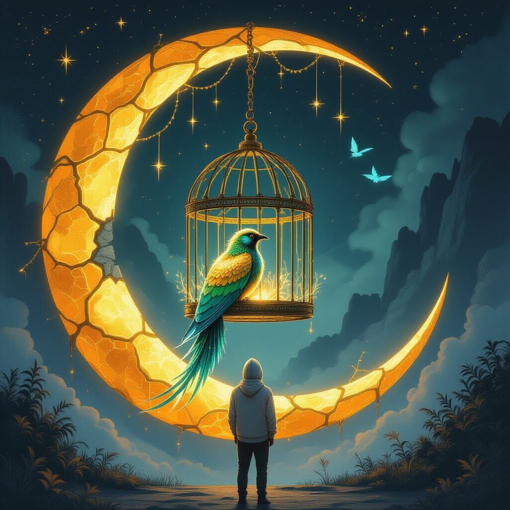 The central element is a large, golden-orange crescent moon, textured with cracks and dark shadows, giving it an ancient, earthy appearance....