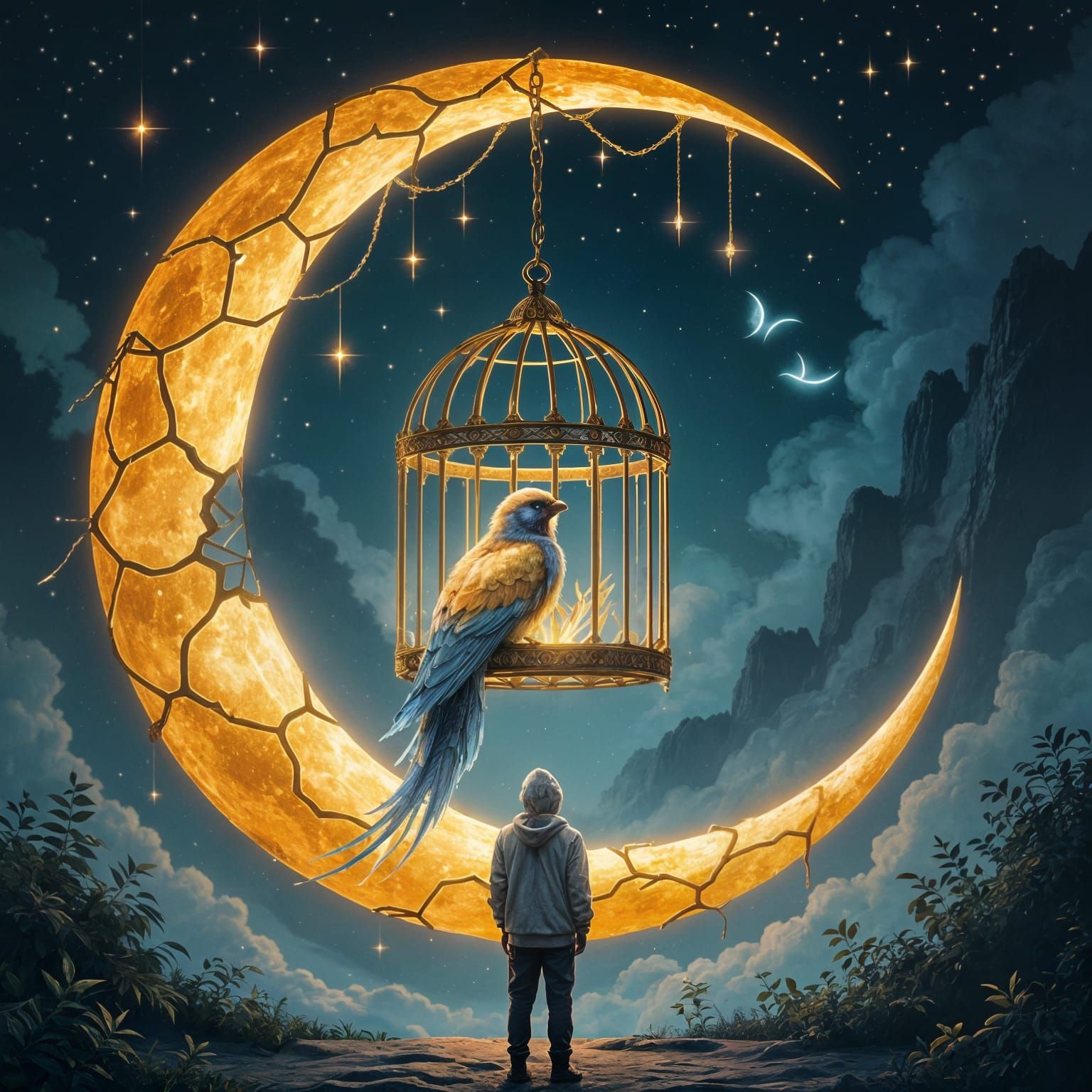 The central element is a large, golden-orange crescent moon, textured with cracks and dark shadows, giving ...  by @Likra