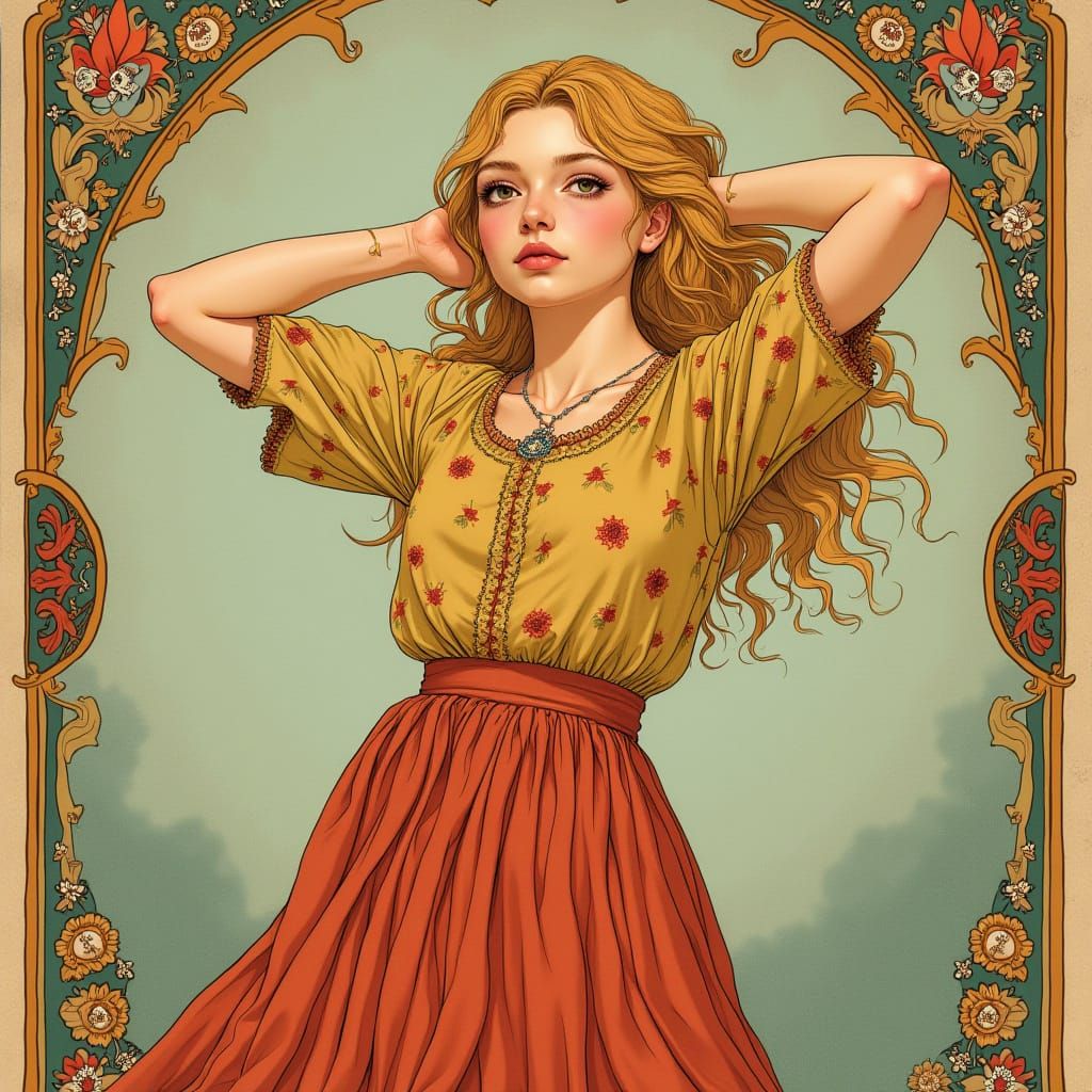 blond mikado girl, blouse and miniskirt, arms up, palm behind head 