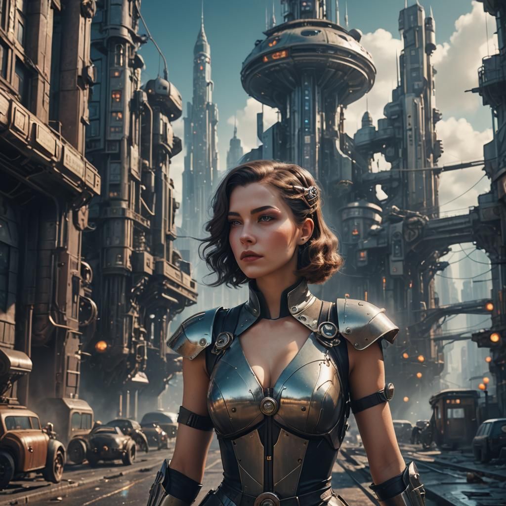 Beautiful dieselpunk lady in a futuristic city