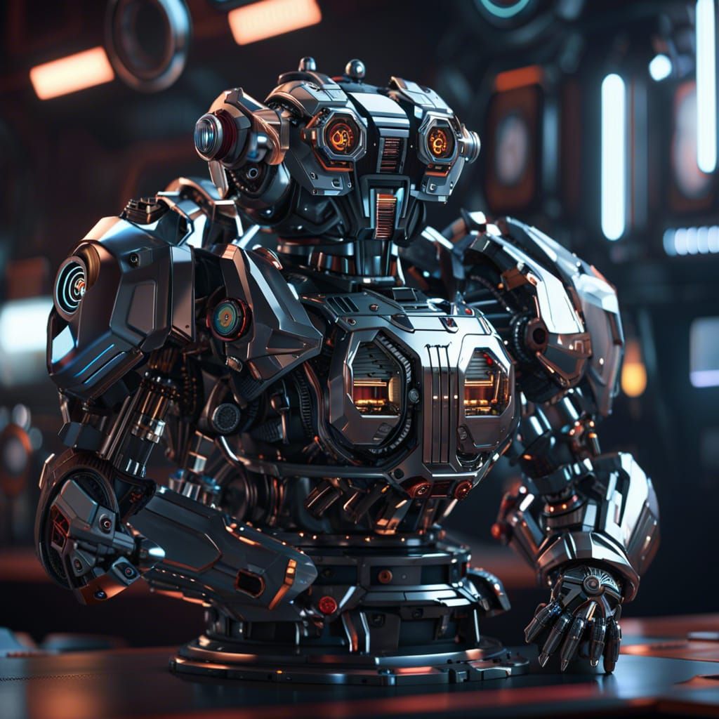 Cyborg bartender intricate mech details, ground level shot, ...
