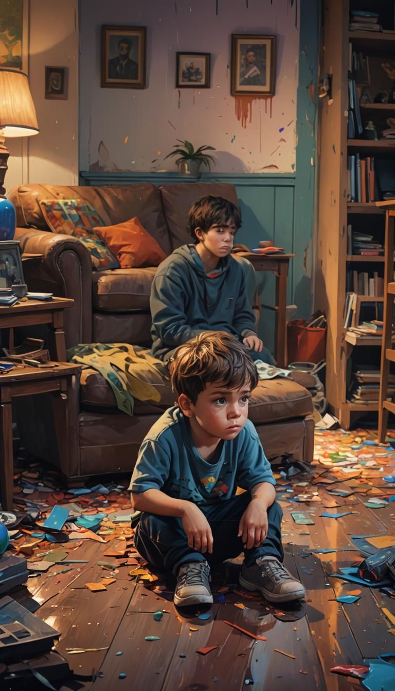 1 little boy, solo, realistic, indoor, house, night, looking...