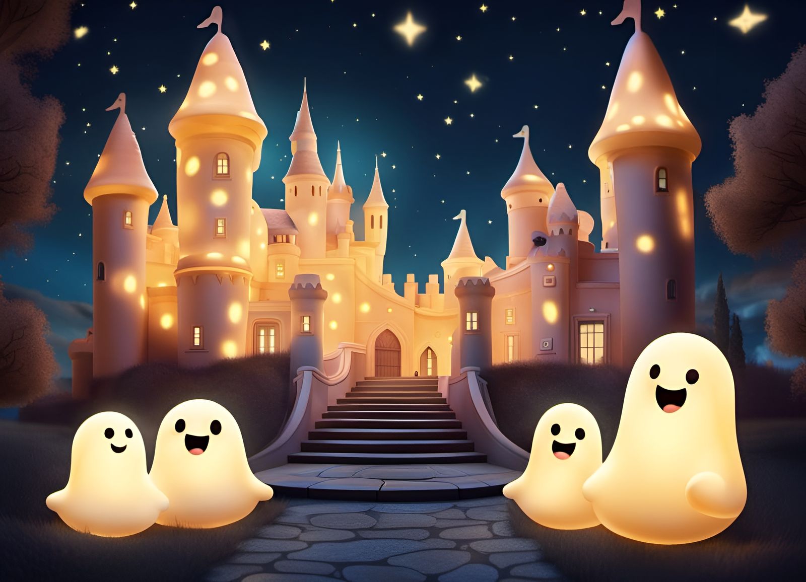 Cute Luminous Ghosts Haunt Fairytale Castle at Night