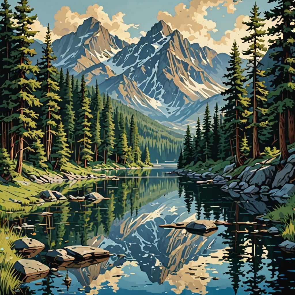 Paint-by-numbers kit featuring a peaceful mountain lake