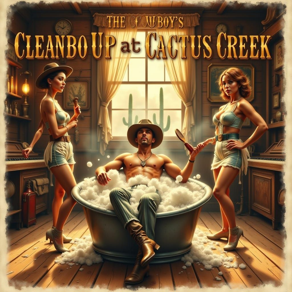 : "The Cowboy's Clean-Up at Cactus Creek"

Poster Prompt (filter-friendly):
A 1940s-style Western movie poster.
In the centre of a rustic, w...