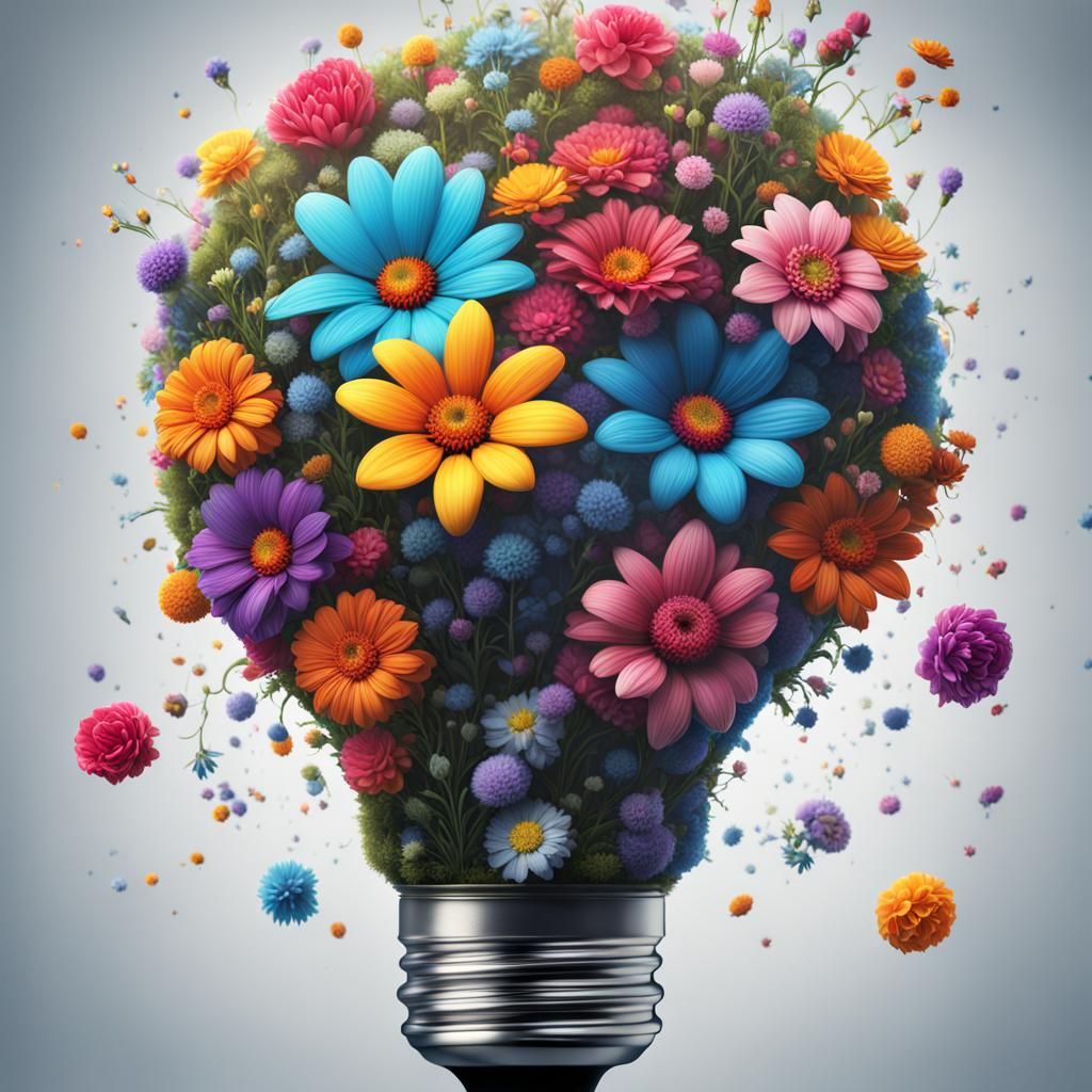 One lightbulb filled with mulitcolored flowers
