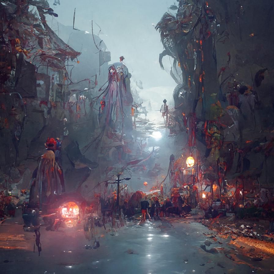 a lot people in costumes on a poorly lit street in the subur...