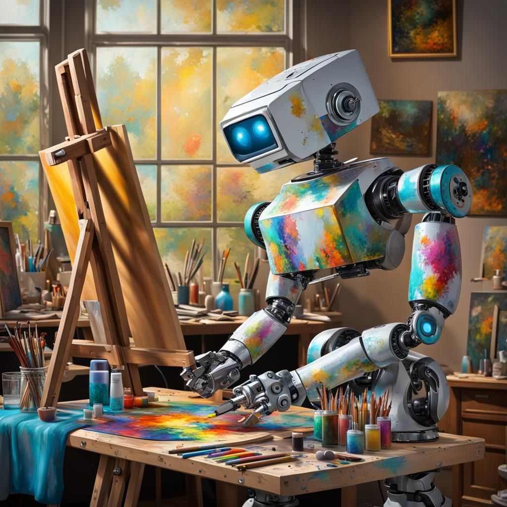 "Extremely detailed, a cute mechanical artist robot that looks like Bob Ross painting an oil painting ...  by @Raphael