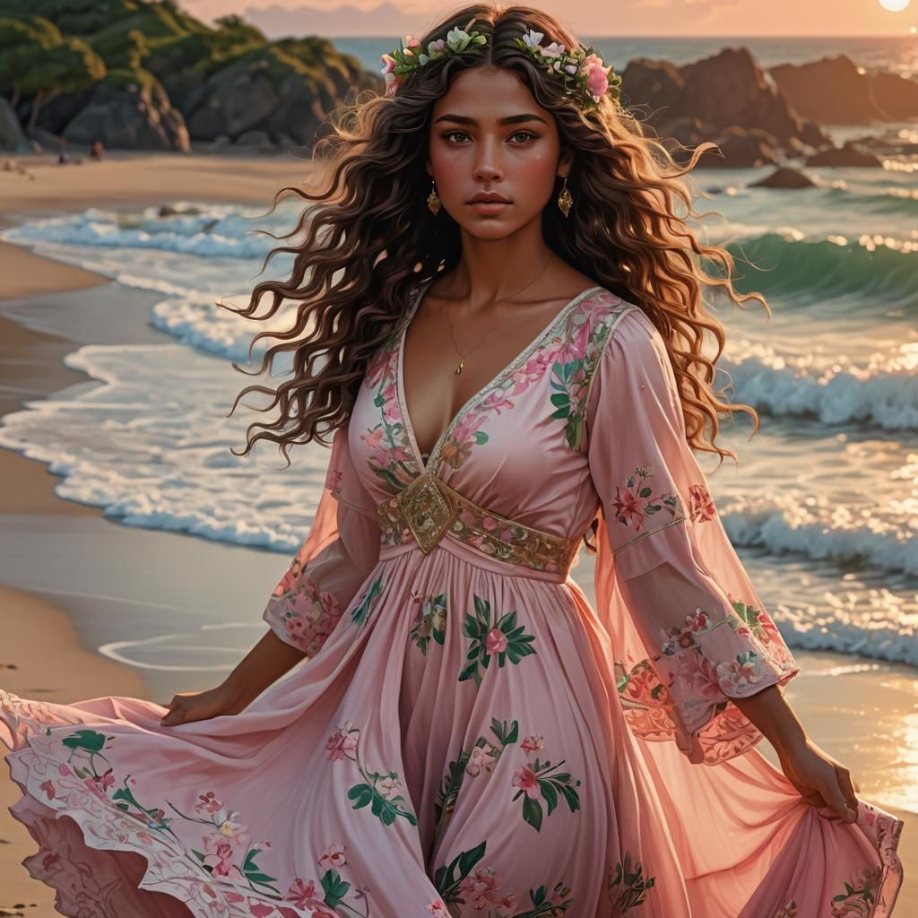 Gorgeous Woman in Flowery Dress on Beach at Sunset