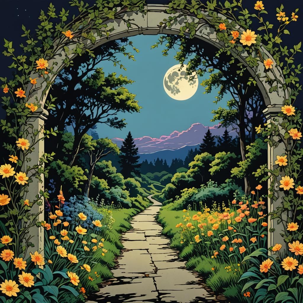 A full moon framed by an archway decorated by flowers.