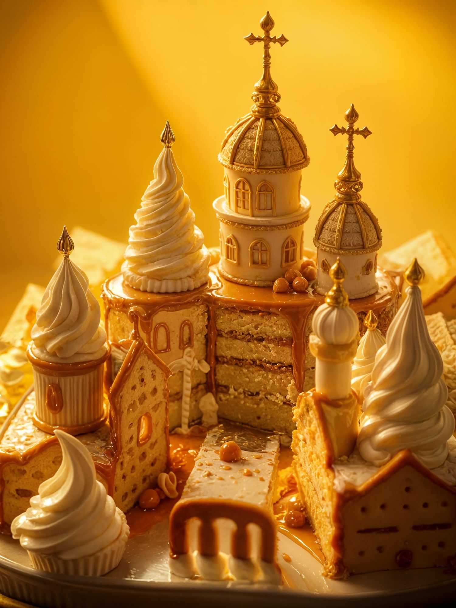 A play city made of cream cake, bathed in warm, golden light, that evokes a sense of comfort and delight. The delicate, golden brown crust g...